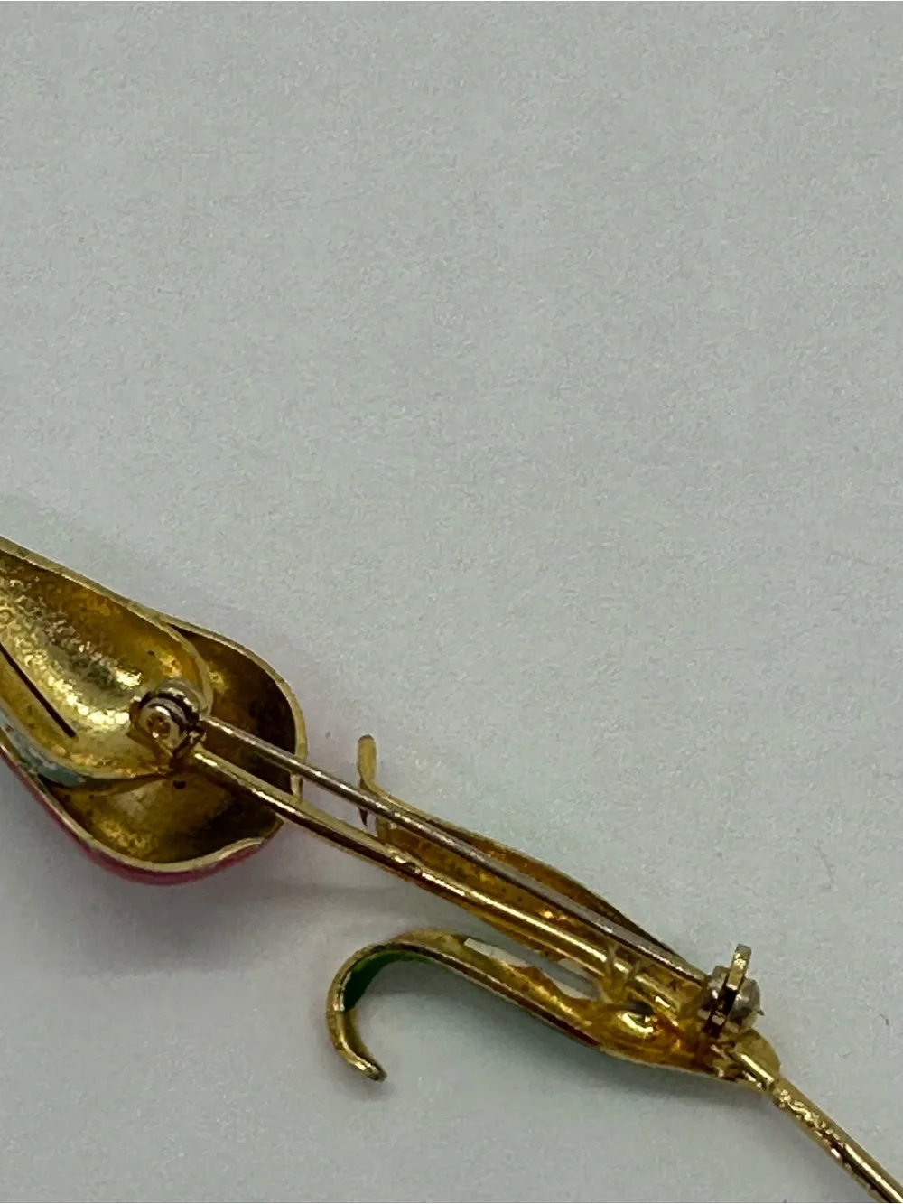 Enamel Pink and Green Rosebud Brooch with Gold-Tone Stem
